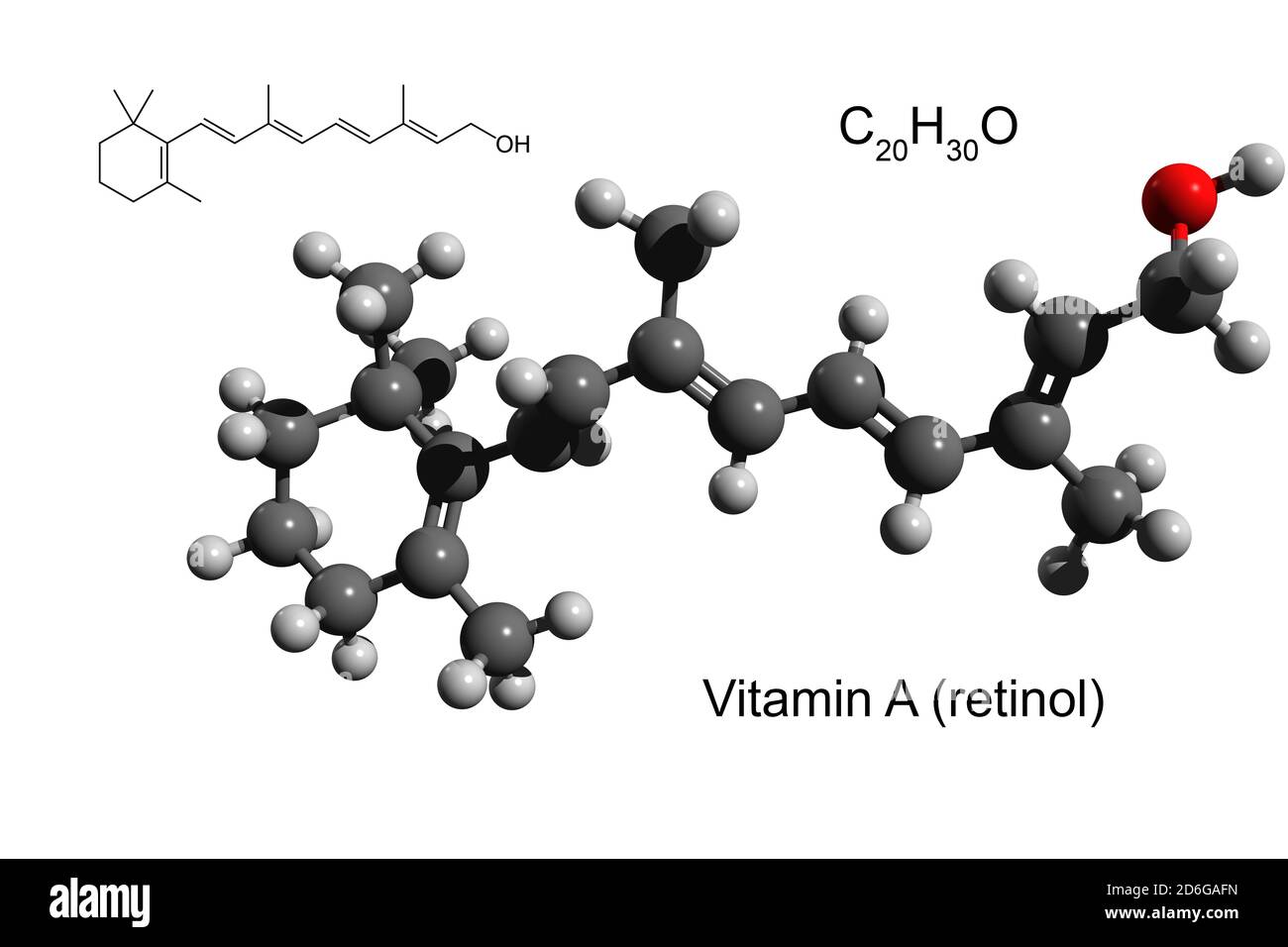 Chemical formula, structural formula and 3D ball-and-stick model of vitamin A (retinol), white background Stock Photo