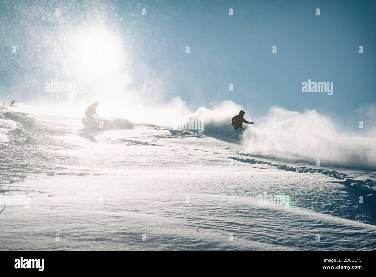 Freeride powder, snowboarding in Les deux alpes resort in winter, mountains in French alps, Rhone Alpes in France Europe Stock Photo