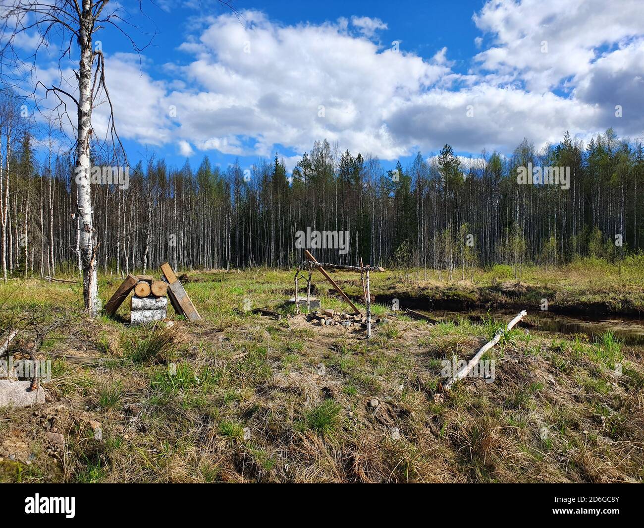 Abandoned campsite or campsite. On the edge of the forest near the shore, tourists set up a camp. Stock Photo