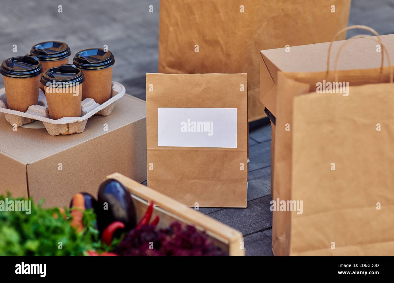 Paper packages with copy space, grocery in box and coffee. Food delivery concept Stock Photo Alamy