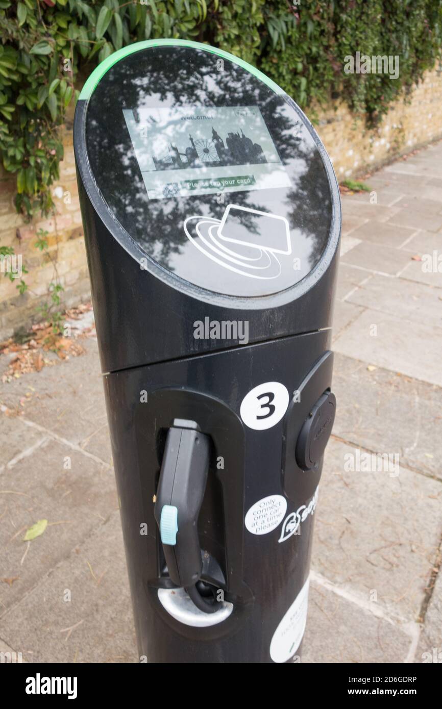 Closeup of a Source London EV charging point in Richmond Upon Thames