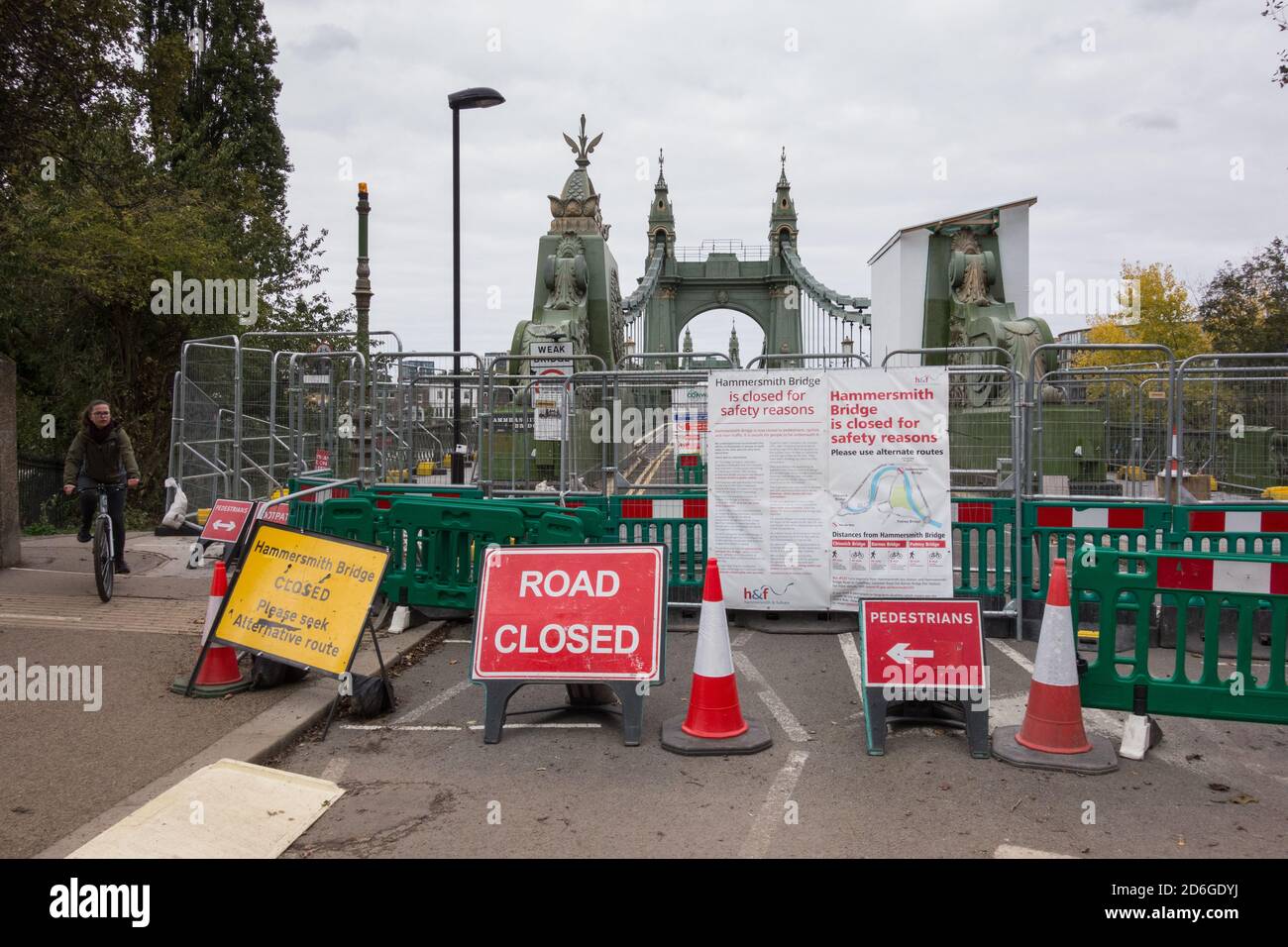Hammersmith Bridge road closed signage in southwest London, England, UK