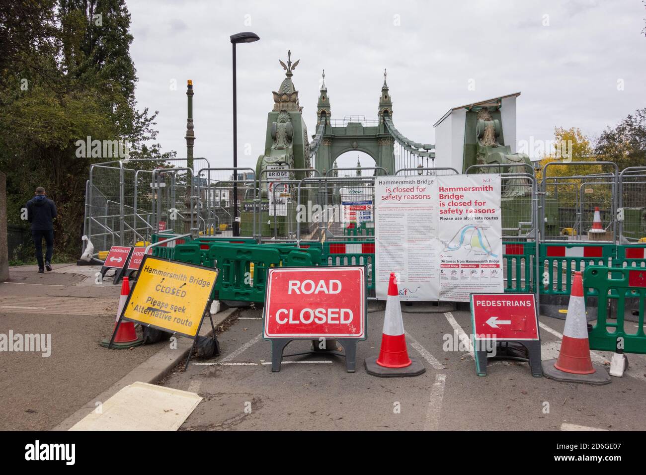 Hammersmith Bridge road closure signage in southwest London, UK Stock