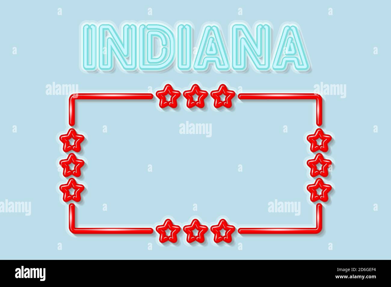 Indiana US state soft blue neon letters lights off. Glossy red frame