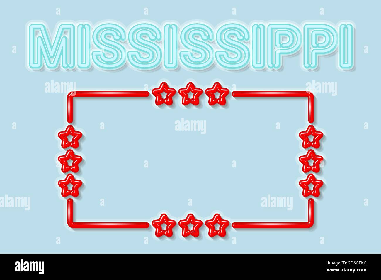 Mississippi US state soft blue neon letters lights off. Glossy red