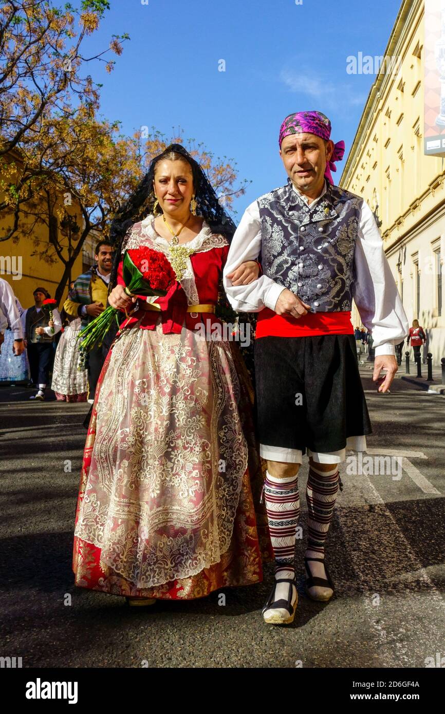 Las Fallas Valencia fallas festival man woman Spain traditional dress Stock Photo