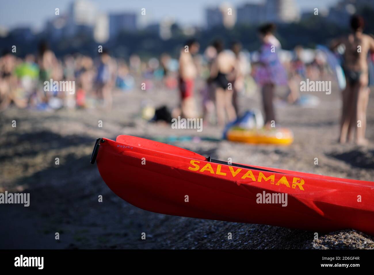 Constanta, Romania - July 3, 2020: Romanian lifeguard on a Black Sea beach during the Covid-19 outbreak during the dusk of a summer day. Stock Photo