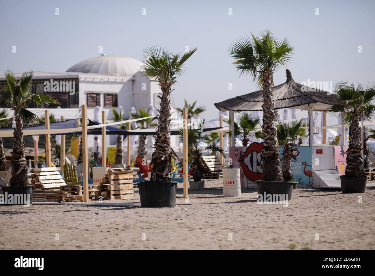 Mamaia, Romania - July 4, 2020: Details from the Mamaia resort on the Black Sea during the Covid-19 outbreak during a summer day morning. Stock Photo
