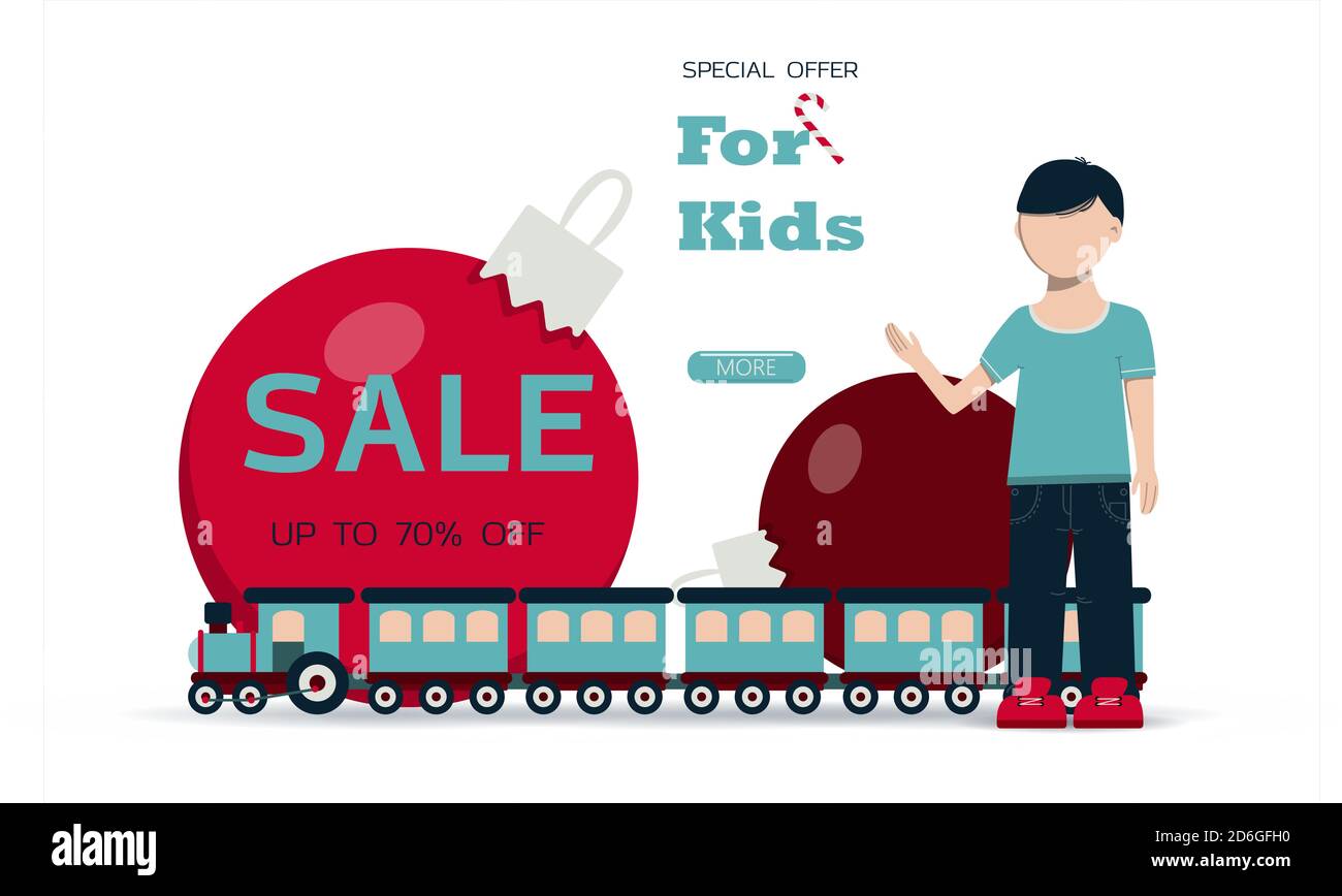 Big Christmas sale of toys for children. Black Friday discounts for a website, store, or app with children s products. Bright holiday banner with a train, a little boy, Christmas balloons and bright gifts. Banner for an ad, flyer, or booklet. Online store with home delivery. Stock Vector