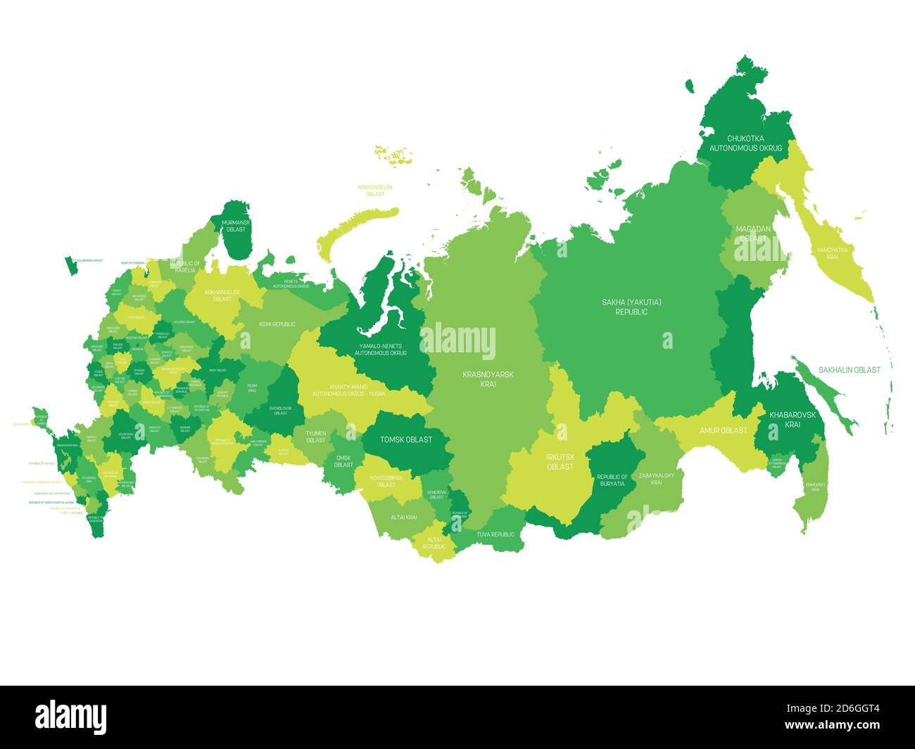 Green political map of Russia, or Russian Federation. Federal subjects - republics, krays, oblasts, cities of federal significance, autonomous oblasts and autonomous okrugs. Simple flat vector map with labels. Stock Vector