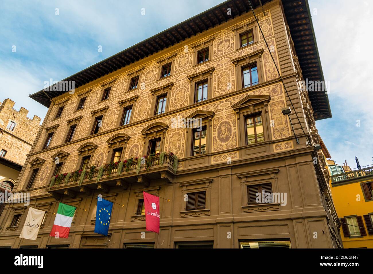 Nice close-up view of the Palazzo degli Angeli in the street Via Calimala in Florence, Tuscany, Italy. The palace, built in 1892, has a beautiful... Stock Photo