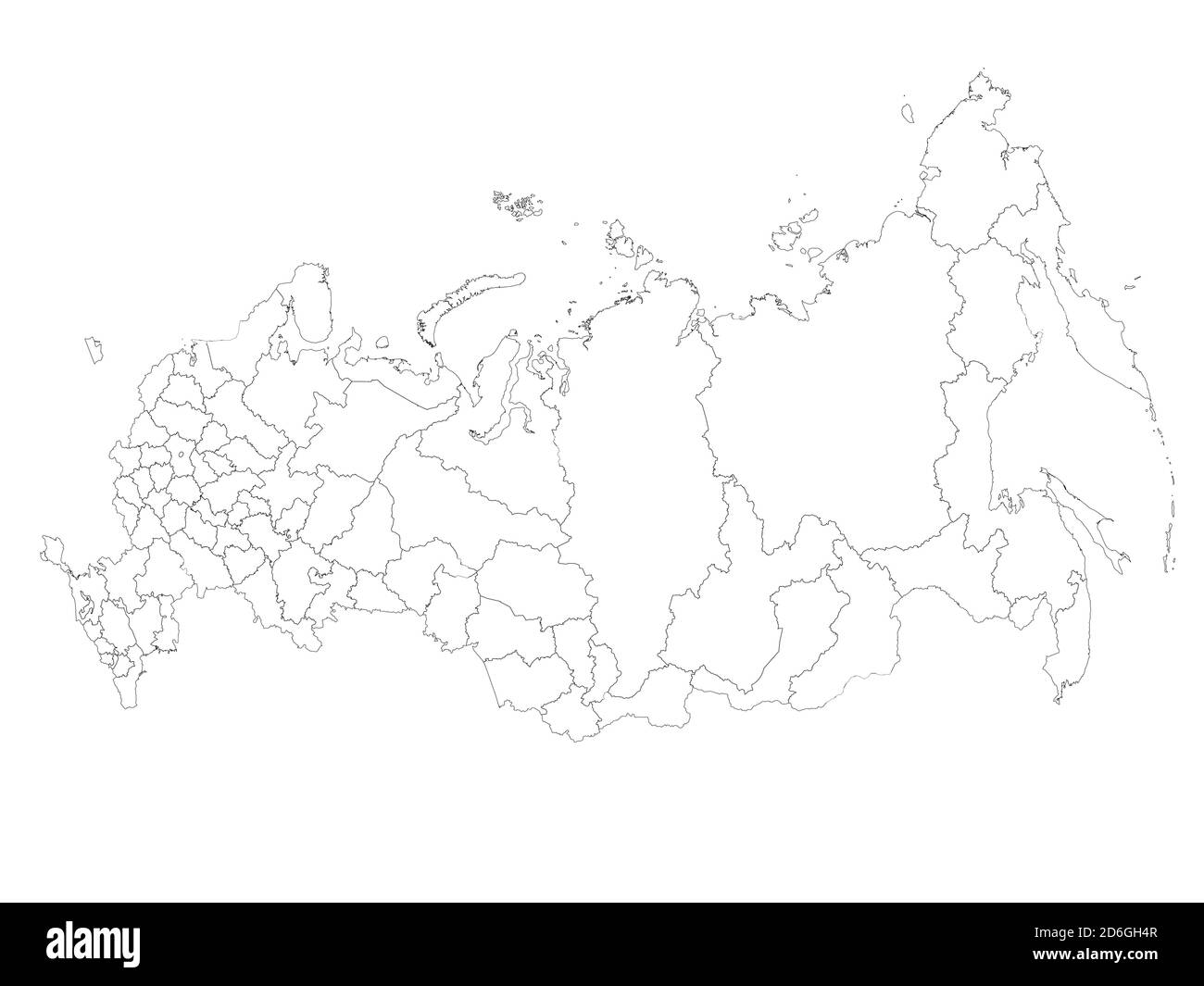 Blank political map of Russia, or Russian Federation. Federal subjects - republics, krays, oblasts, cities of federal significance, autonomous oblasts and autonomous okrugs. Simple black outline vector map. Stock Vector
