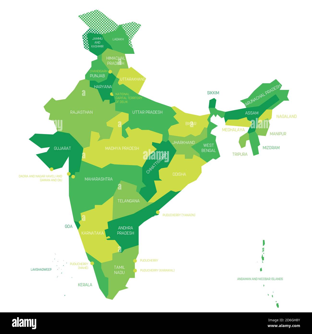 Green political map of India. Administrative divisions - states and union territories. Simple flat vector map with labels. Stock Vector