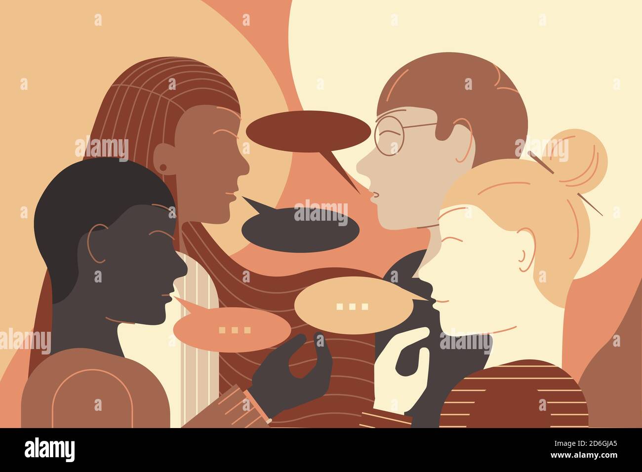 Group of young people of different ethnicies having a conversation face to face. Antiracism illustrations. Stock Vector