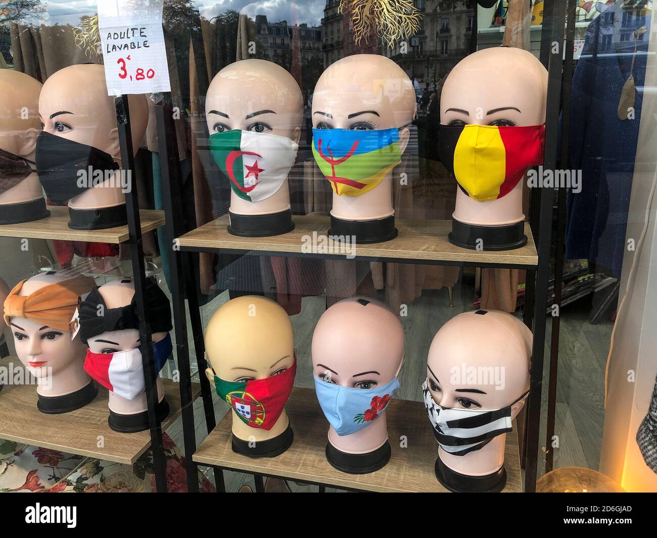 Paris, France, Detail, Store WIndow, with CLoth face Masks on Display