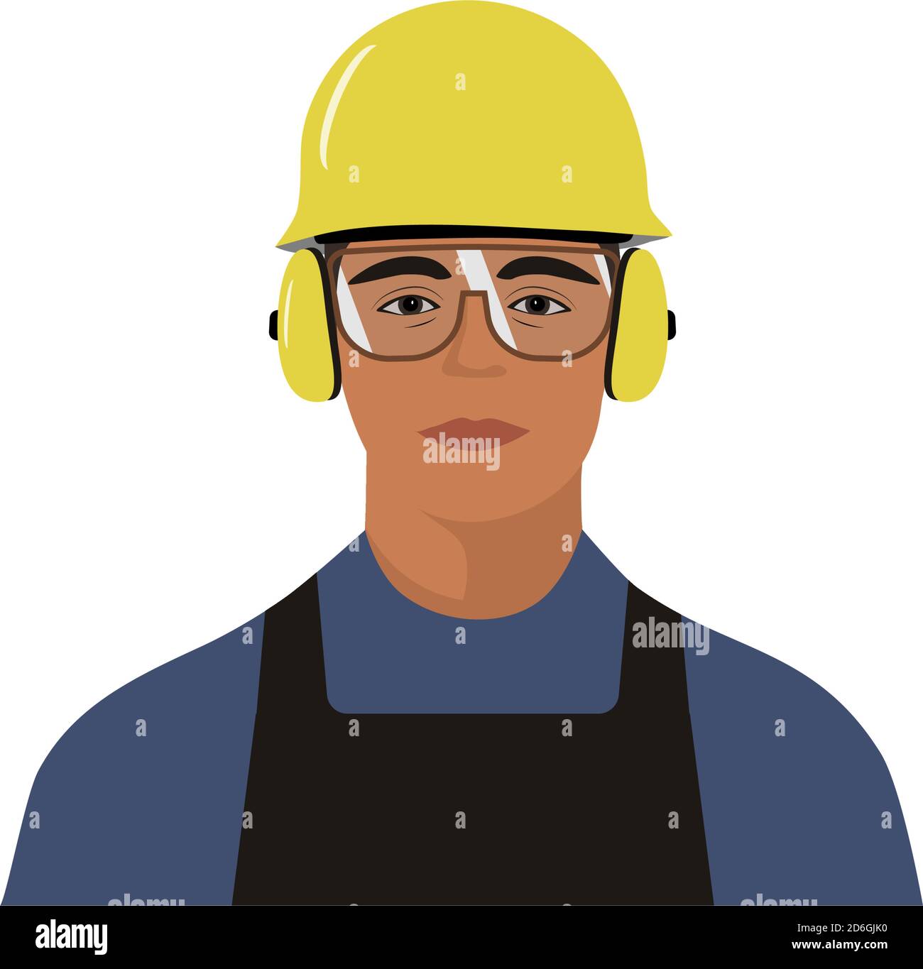 Construction worker wearing protective helmet, glasses and earmuffs; front portrait illustration