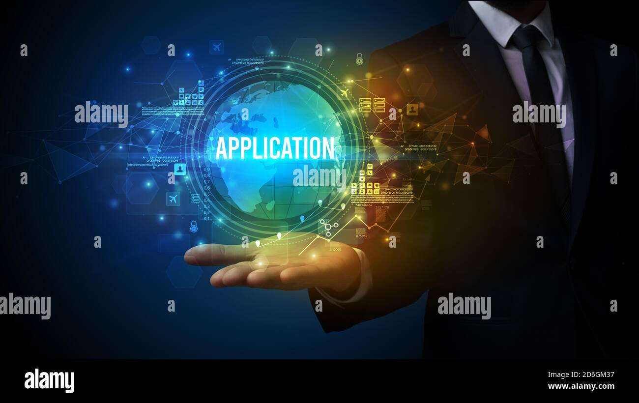 Elegant hand holding APPLICATION inscription, digital technology ...