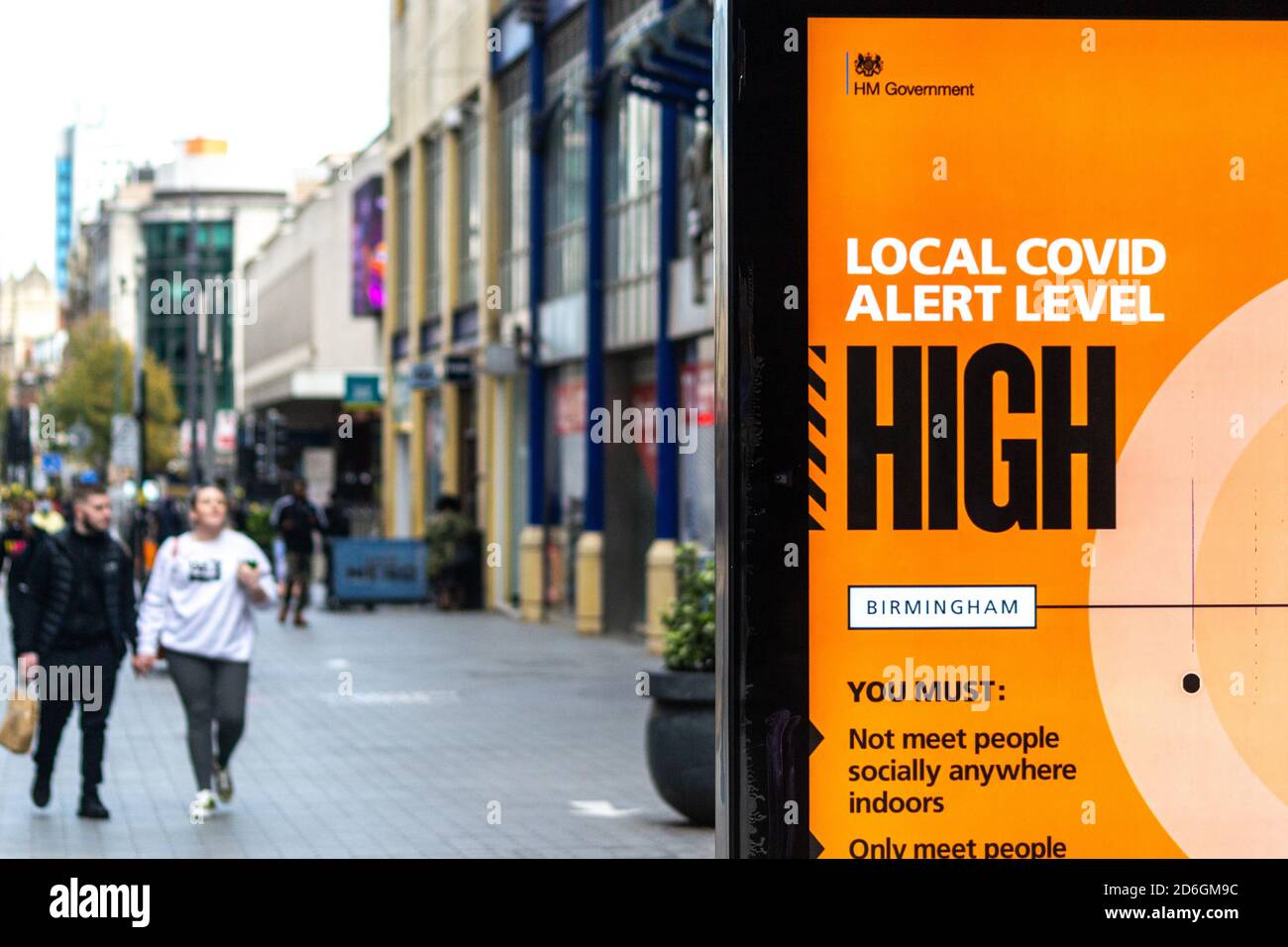 Birmingham is in Tier Two local lockdown for coronavirus. Signs around the West Midlands' City centre as people pass by going about their business. Stock Photo