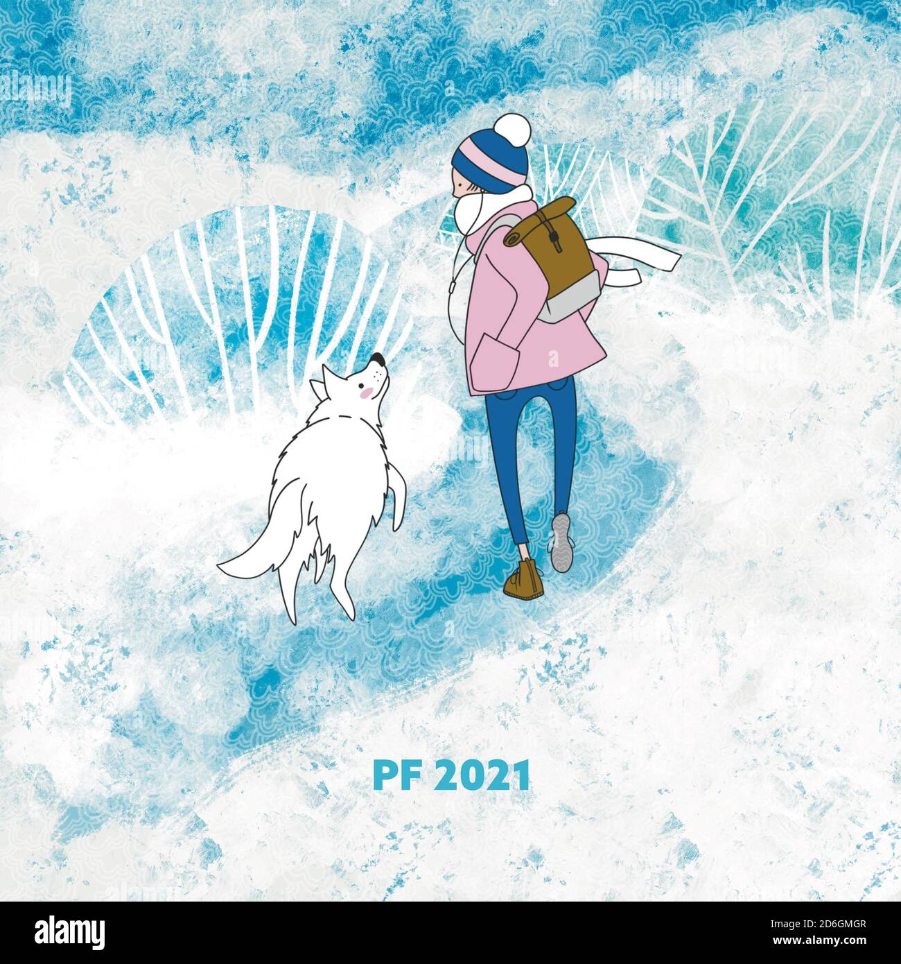 Greeting Card PF 2021. Girl with cute white dog on snow. Stock Photo