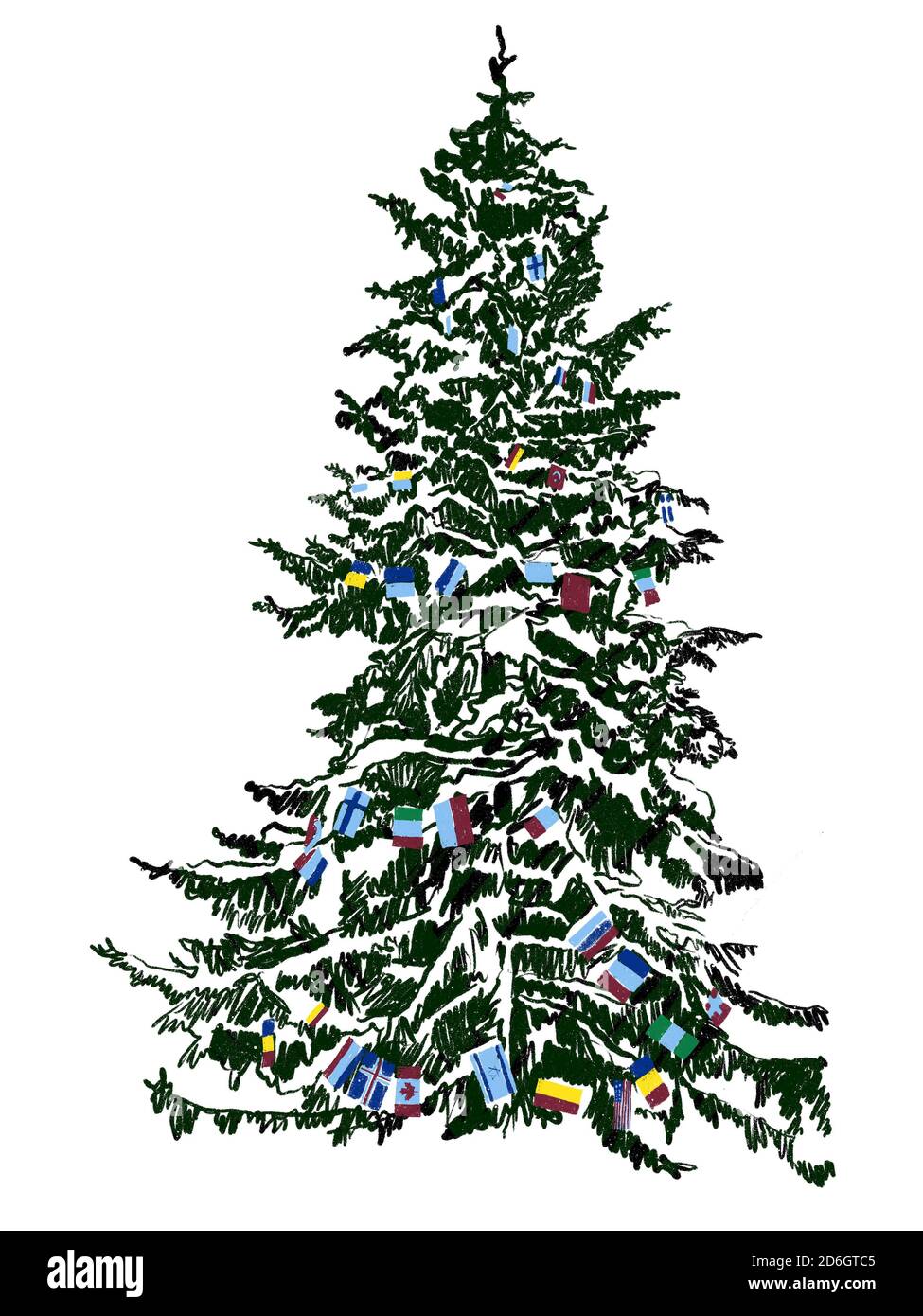 Christmas tree in snow decorated with flags of different countries