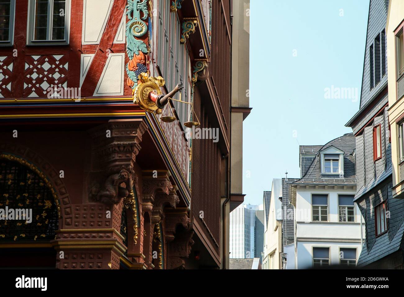 The detail of the old historic houses in the city center of Frankfurt am Main. Stock Photo