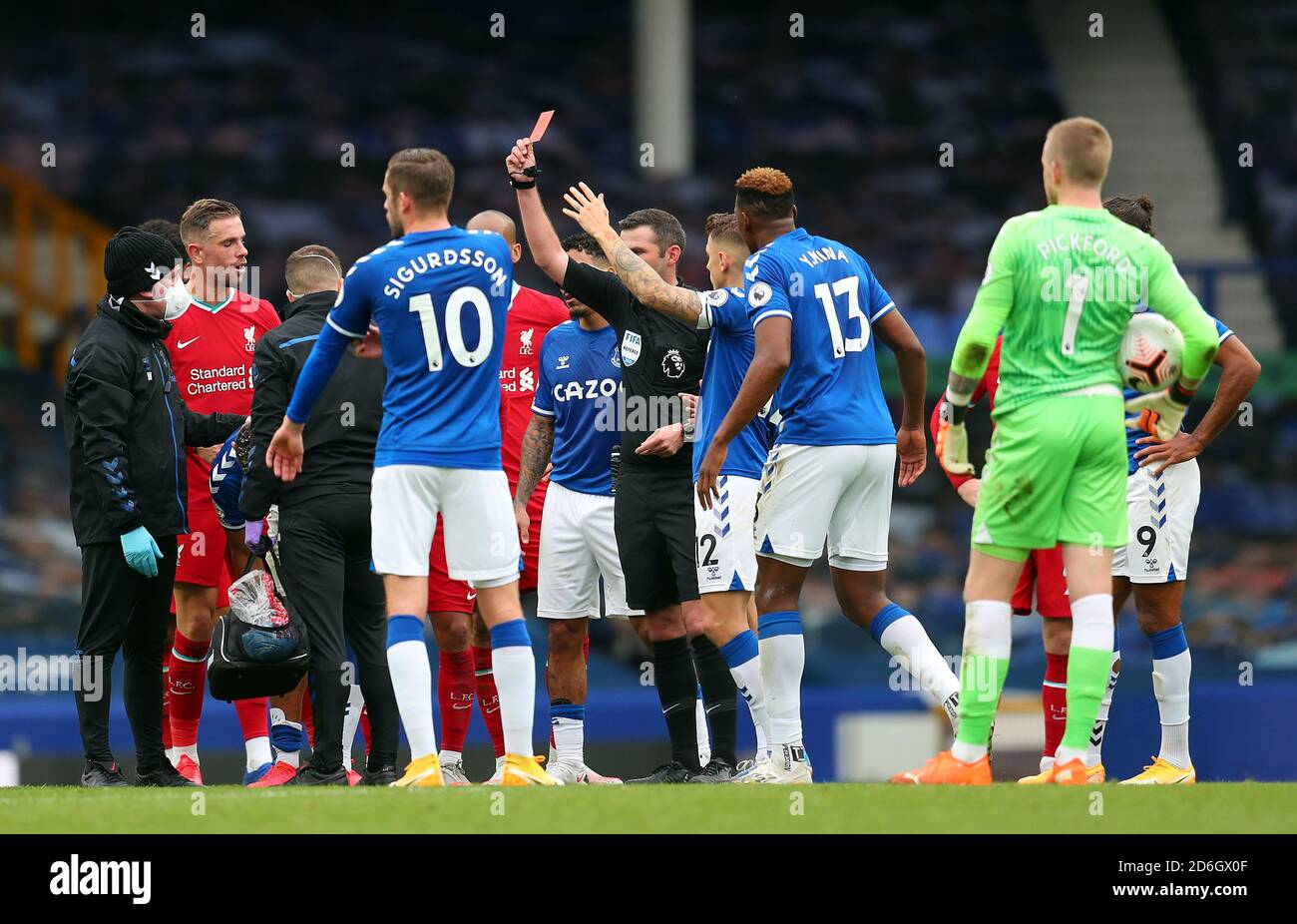Everton's Richarlison is shown a red card by referee Michael Oliver during  the Premier League match at Goodison Park, Liverpool Stock Photo - Alamy