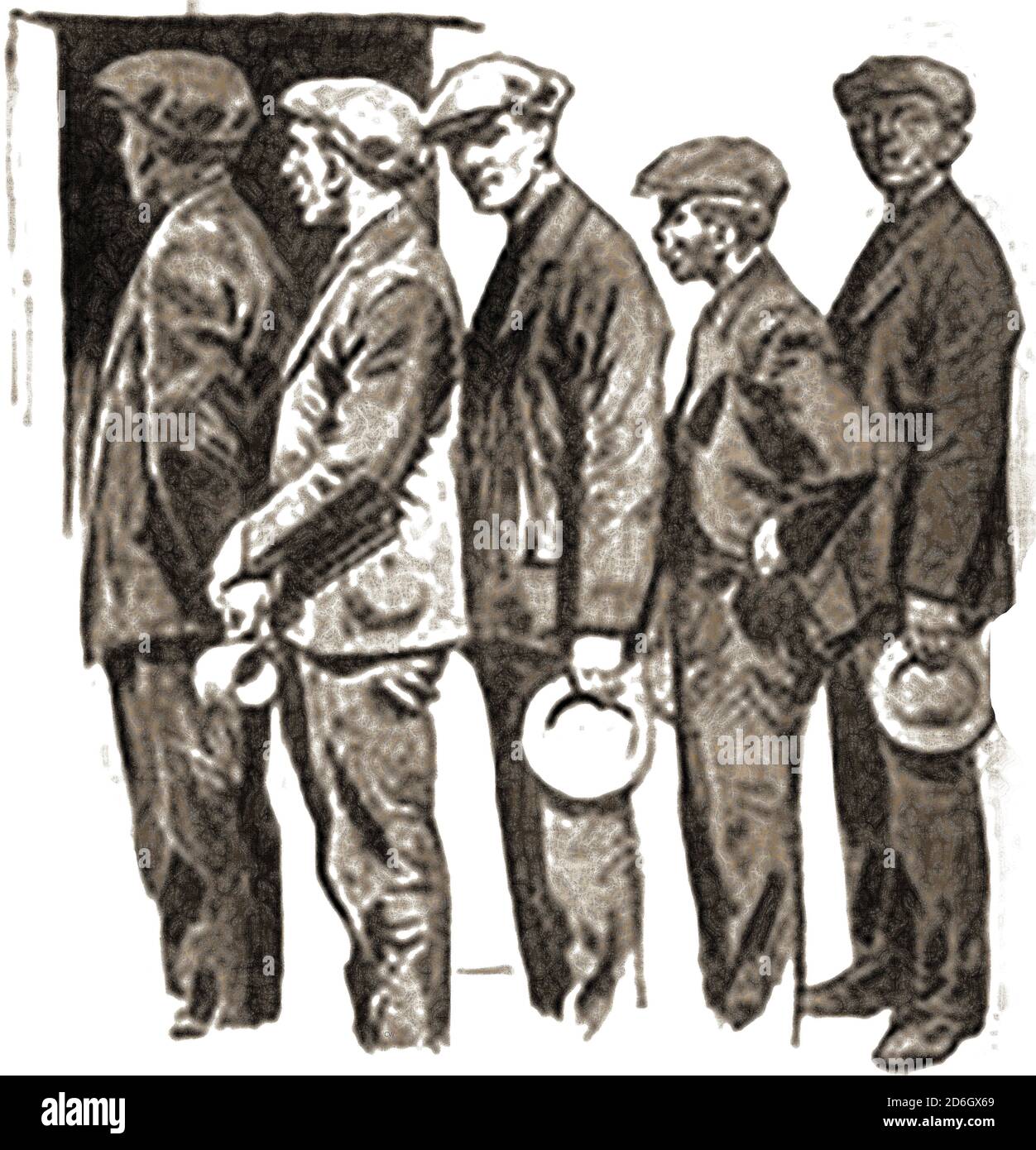 A 1920 published image of new inmates in Sing Sing jail waiting for breakfast.  The Sing Sing maximum-security prison or Correctional Facility is in the village of Ossining, New York, USA. Its name was derived from the Sintsink native American tribe from whom the land was purchased in 1685. It was a model prison in its time, turning a profit from the work of inmates. Despite this, 614 men and women   including four inmates under federal death sentences, were executed by electric chair by the time the  death penalty was abolished in 1972 Stock Photo