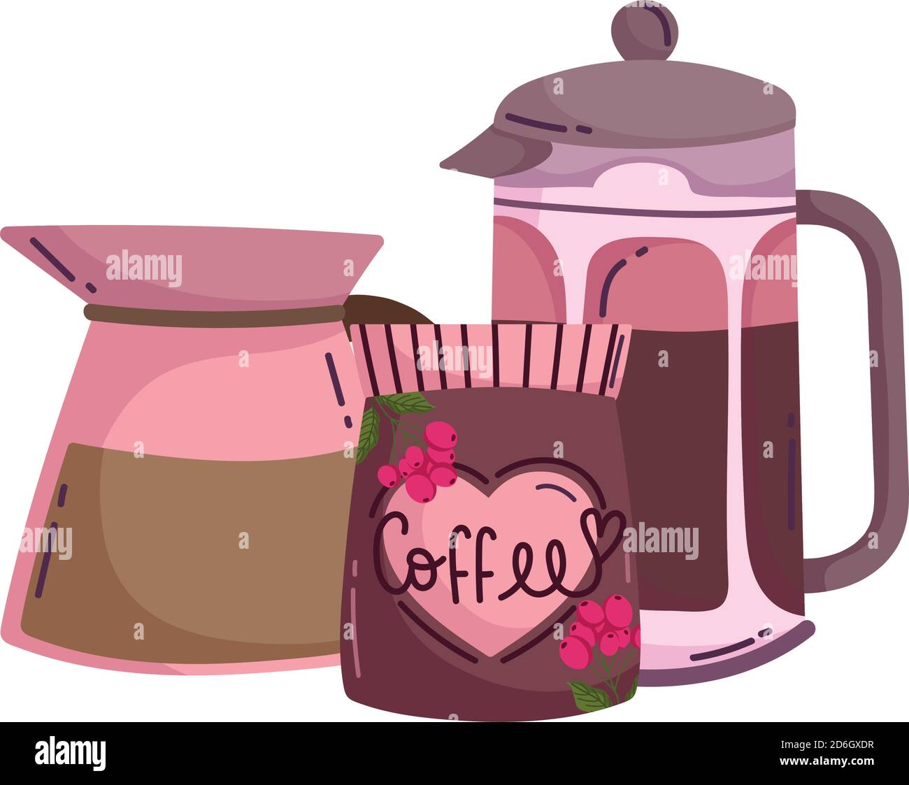 coffee brewing methods, french press kettle and pack vector illustration Stock Vector