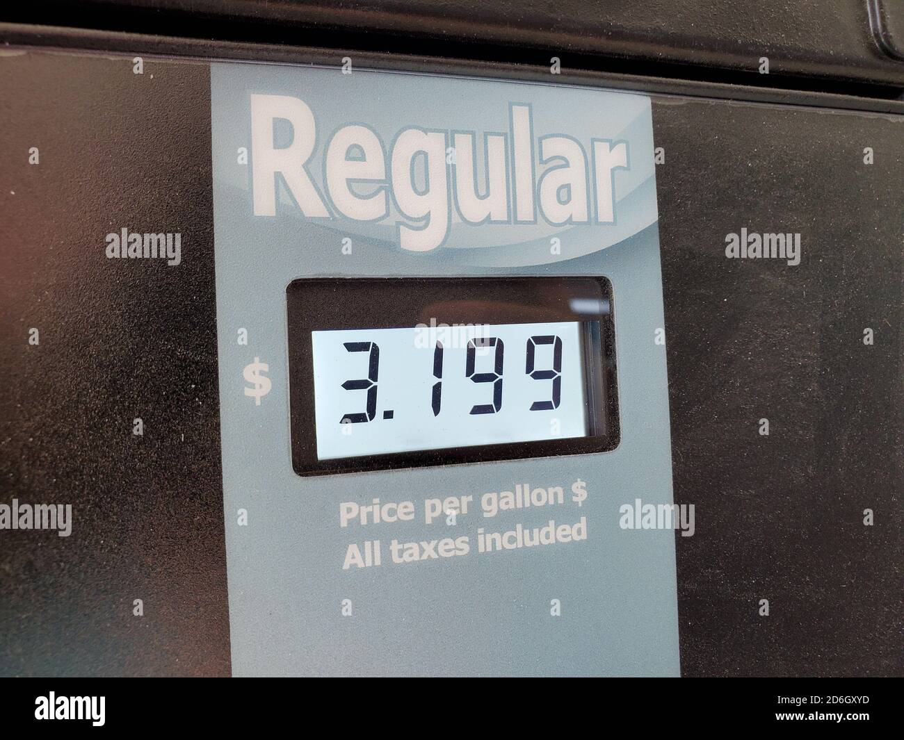 Close-up of text reading Regular and price for gasoline on a fuel pump in a gas station setting, San Ramon, California, August 28, 2020. () Stock Photo
