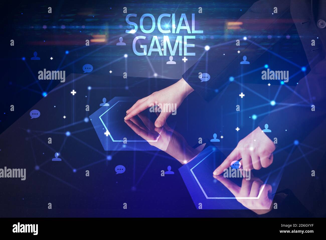 Navigating social networking with SOCIAL GAME inscription, new media concept Stock Photo