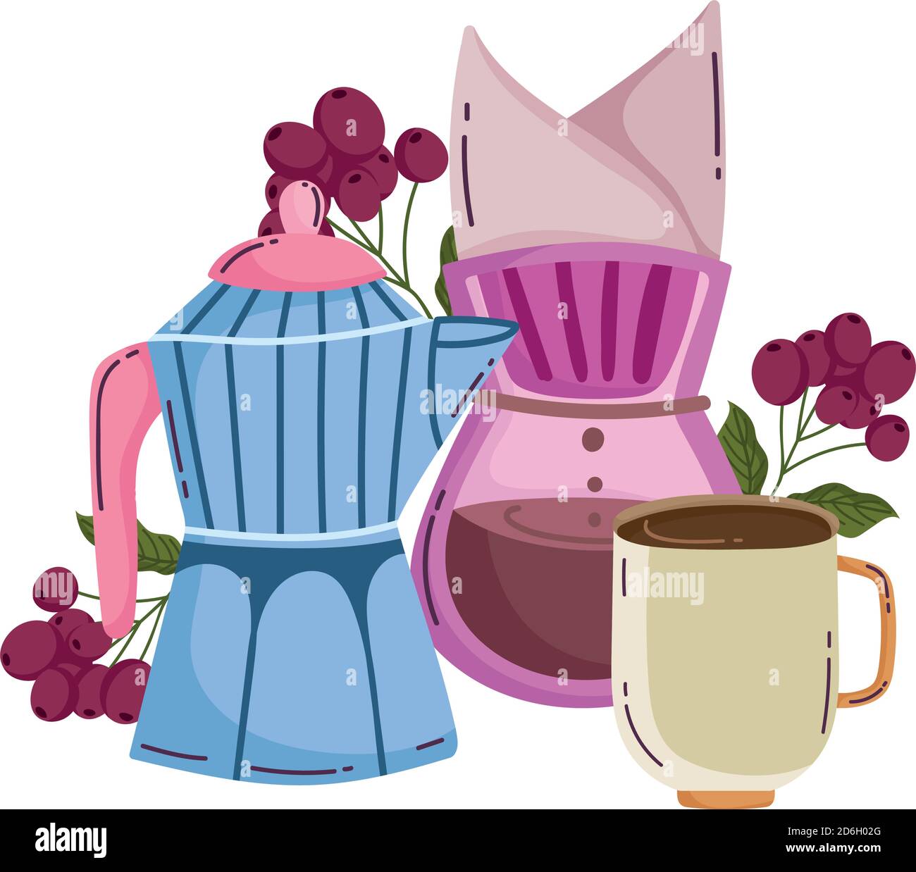 coffee brewing methods, moka pot drip coffee maker and cup vector