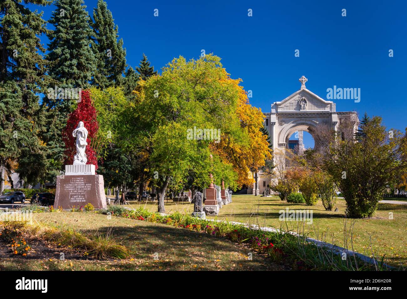 The ruins of the St. Boniface Cathedral with fall foliage color in St