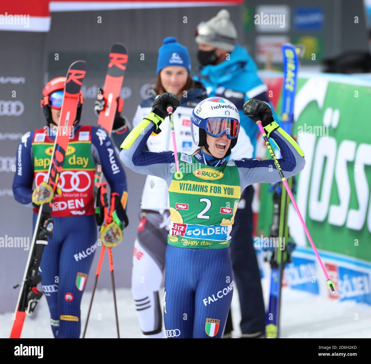 Rettenbachferner Soelden Austria 17th Oct 2020 Fis World Cup Alpine Skiing Womens Downhill Federica Brignone Ita And Petra Vlhova Svk Watch As Marta Bassino Ita Celebrates Her Win Credit Action Plus Sports Alamy