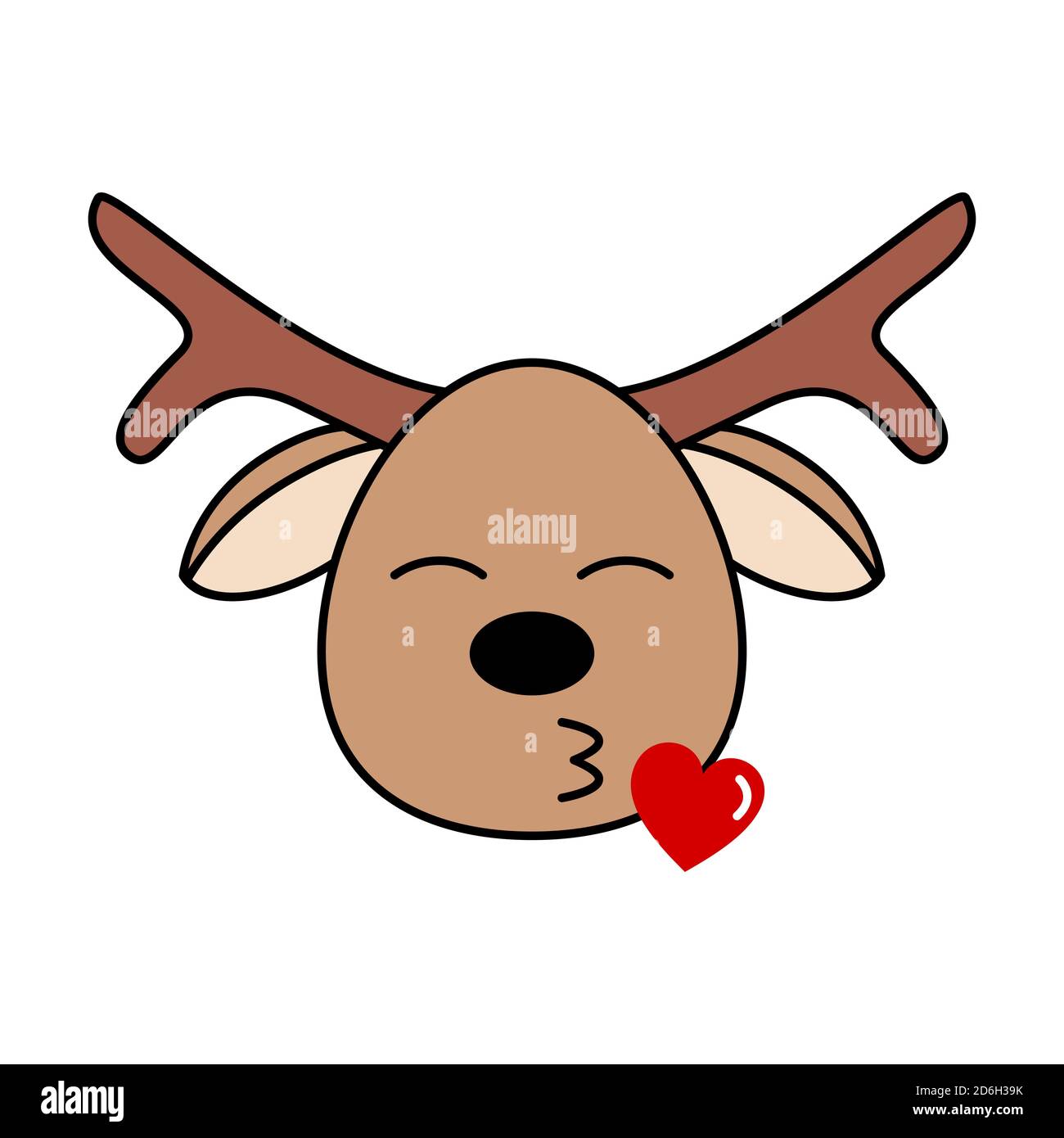 Cute reindeer emoji sending kiss. Funny deer cartoon character doodle blows kiss. Reindeer emoticon sending love. Isolated on white background. Vector Stock Vector