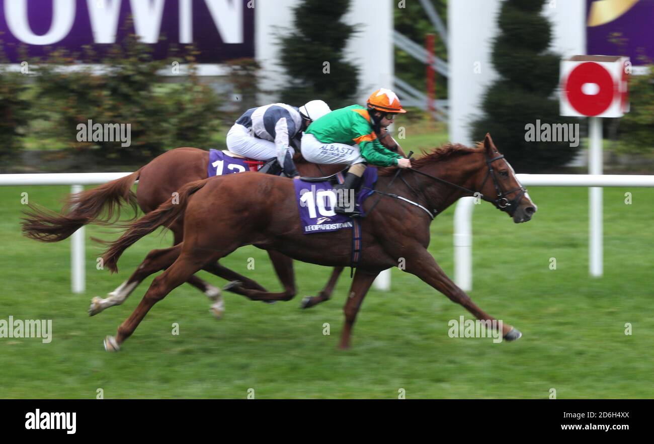 Lobo Rojo ridden by Shane Foley (right) wins the Leopardstown Members Club Maiden at Leopardstown Racecourse. Stock Photo