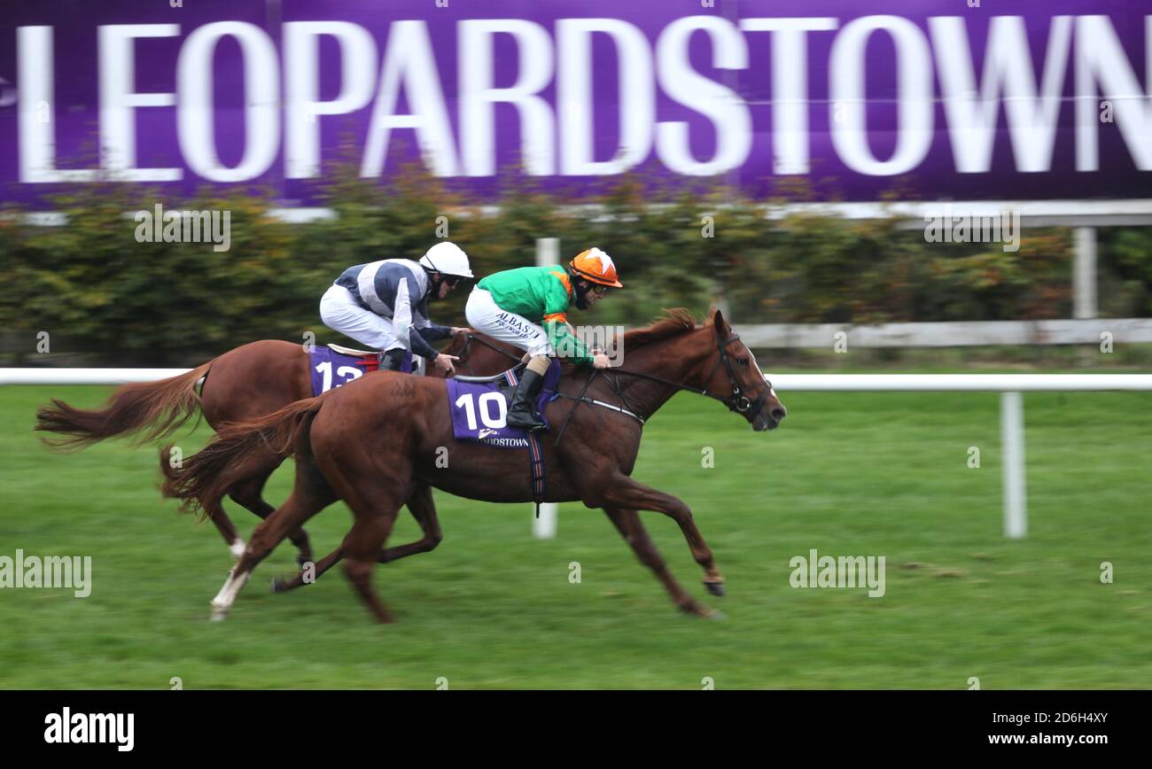 Lobo Rojo ridden by Shane Foley (right) wins the Leopardstown Members Club Maiden at Leopardstown Racecourse. Stock Photo