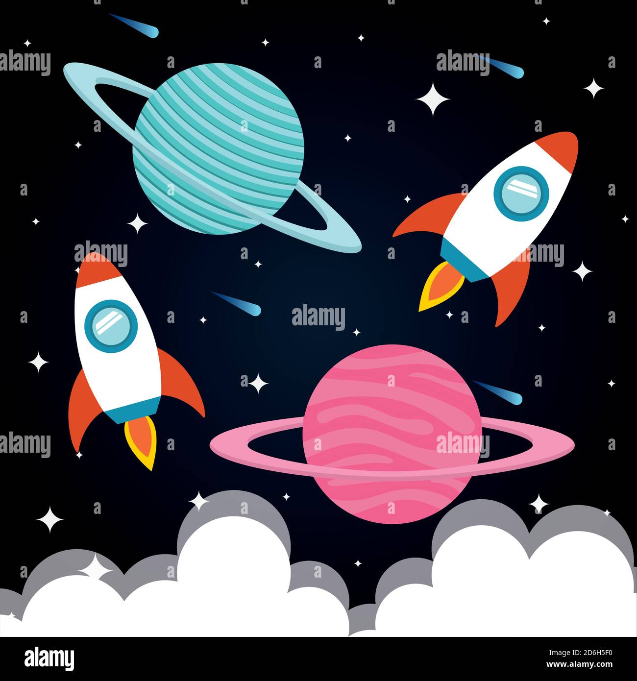 Space rockets with planets on starry background vector design Stock ...