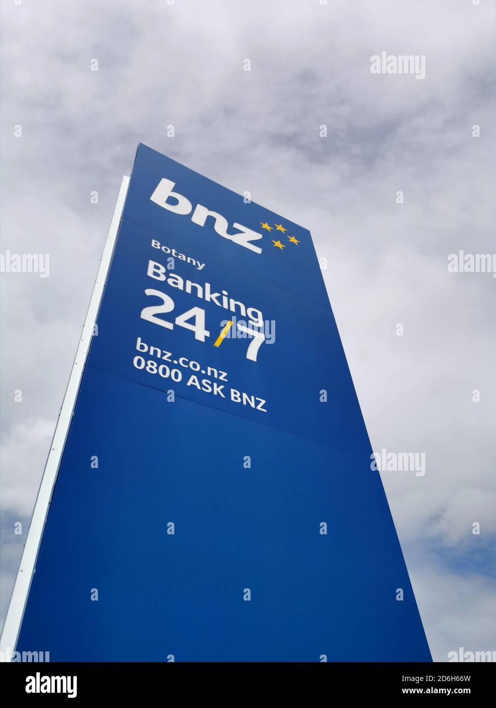 AUCKLAND, NEW ZEALAND - Oct 11, 2020: Auckland / New Zealand - October 11 2020: View of BNZ (Bank of New Zealand) road sign in Botany Town Centre Stock Photo