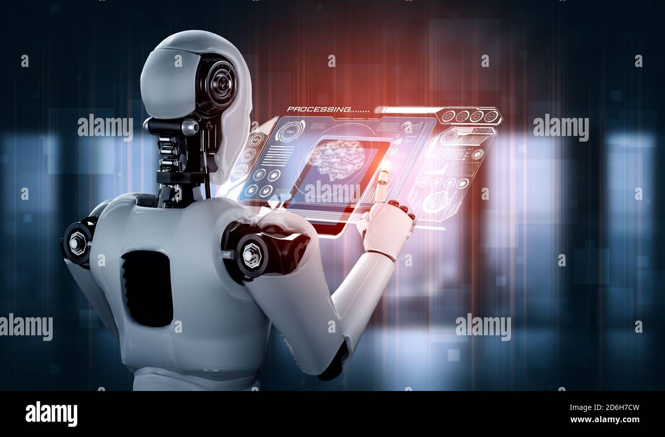 Robot humanoid using tablet computer in concept of AI thinking brain