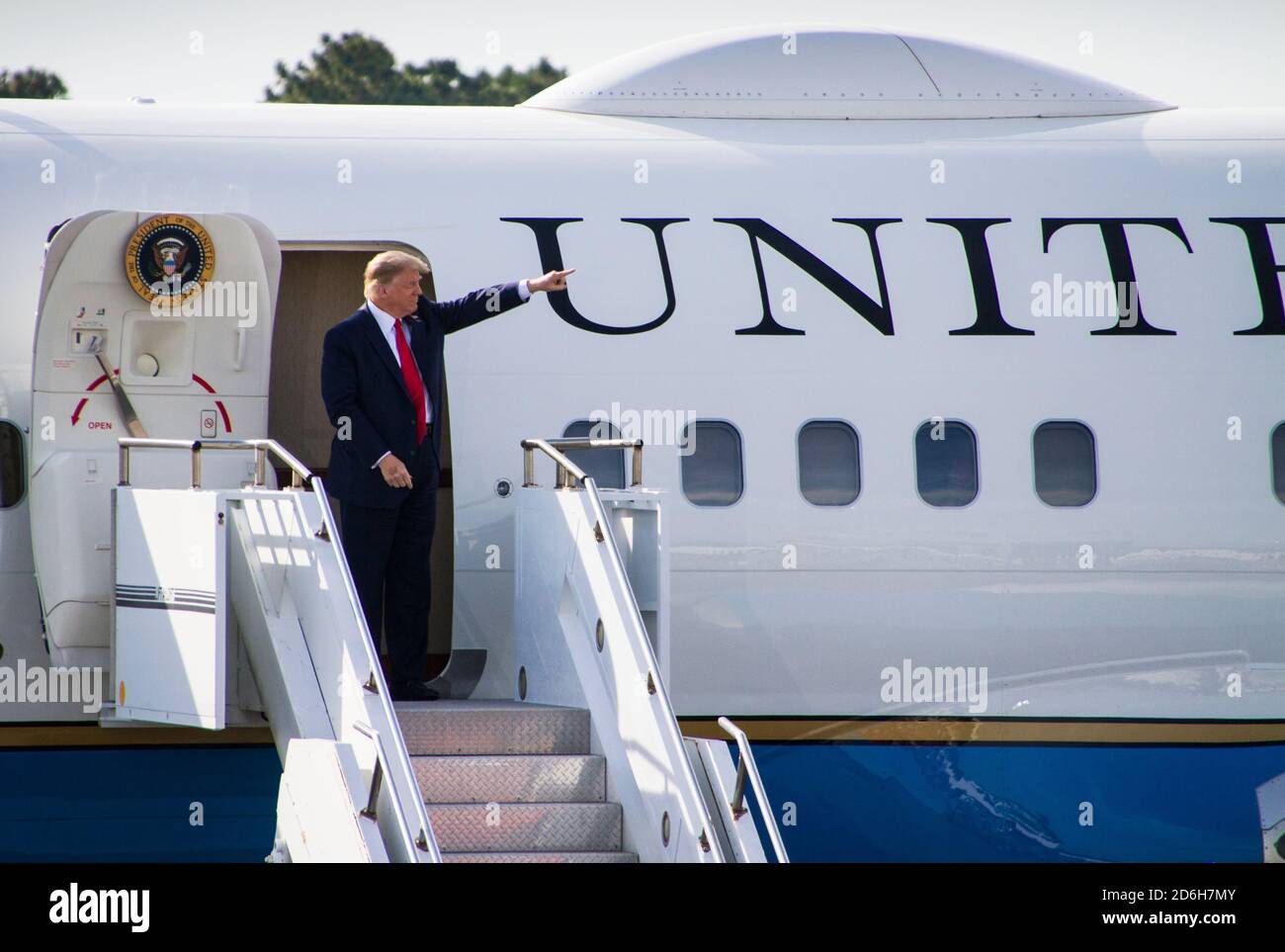 President Donald J Trump exiting Air Force One at the Ocala Airport during a Republican Campaign Rally in Florida on October 16th 2020 Stock Photo