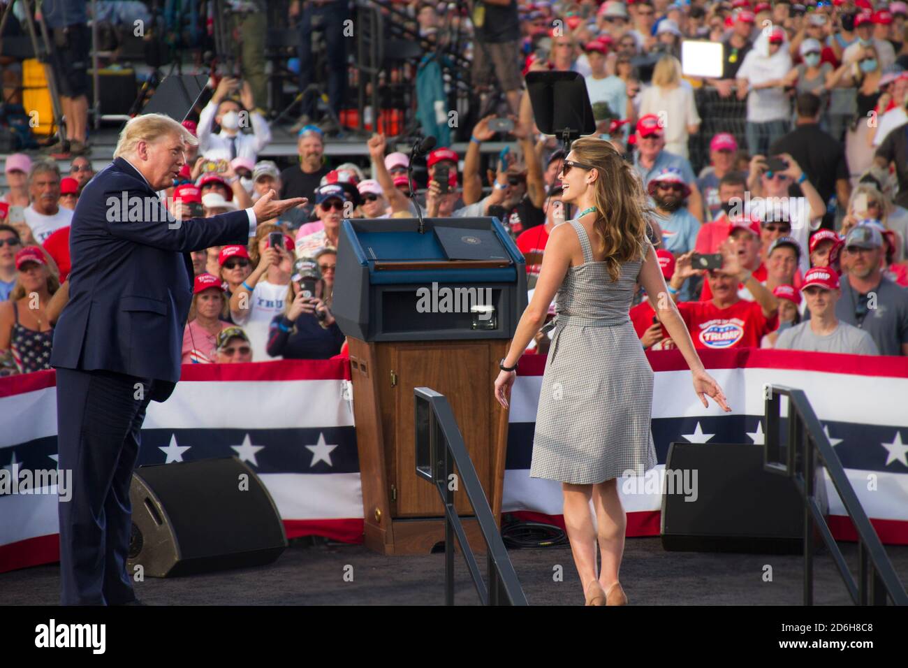 President Donald J Trump welcoming Hope Hicks onto the stage at a October 16th Presidential Rally at the Ocala Airport in Florida Stock Photo
