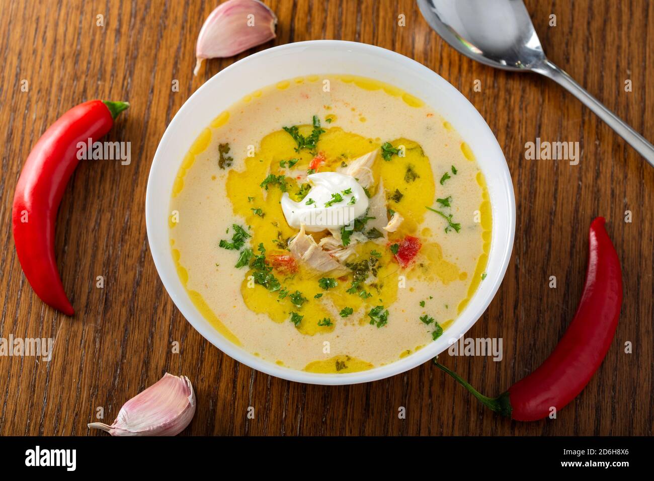 Ciorba Radauteana - Romanian traditional chicken soup with cream - top view Stock Photo