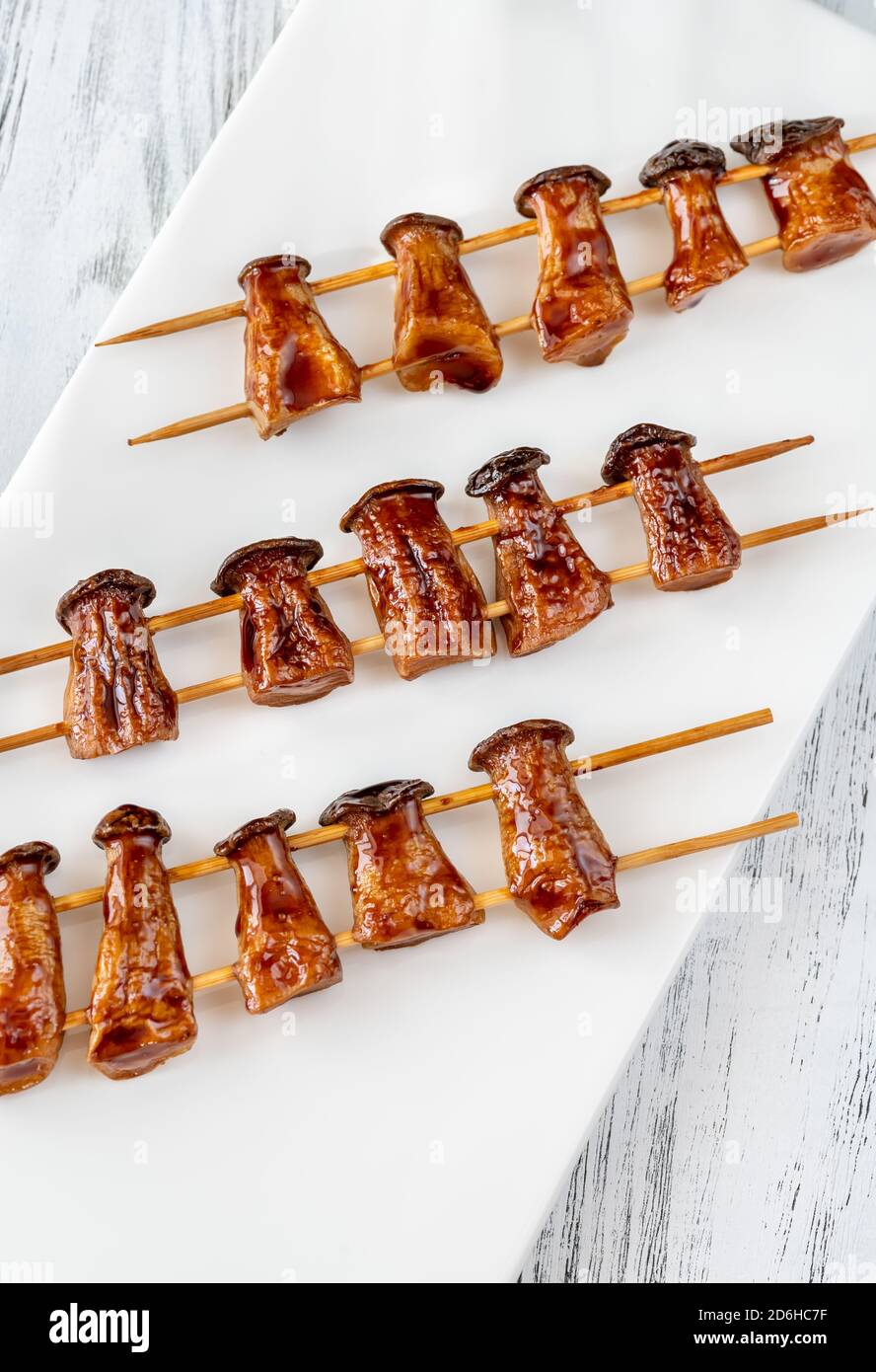 King oyster mushroom skewers top view Stock Photo Alamy
