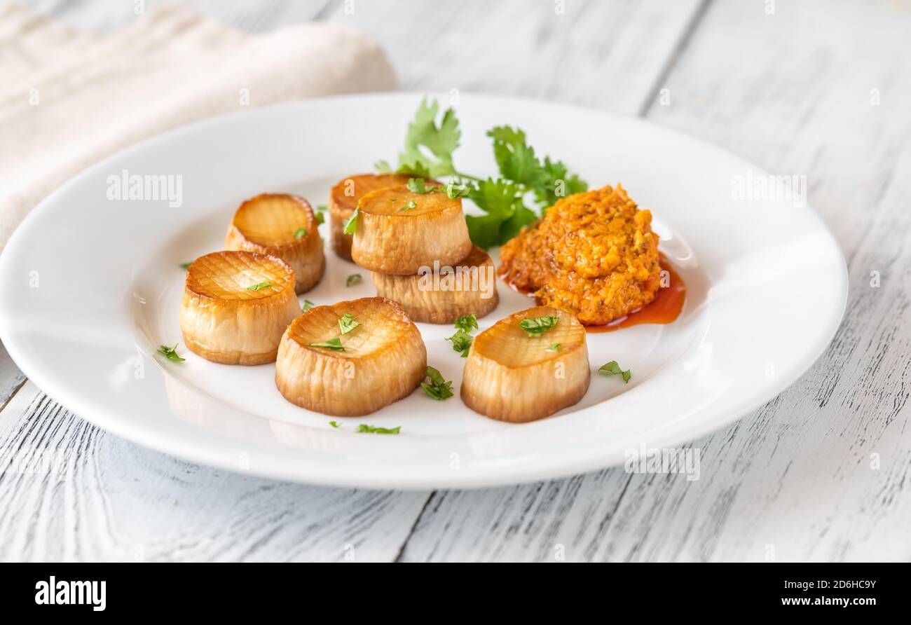King oyster mushroom scallops white plate Stock Photo Alamy