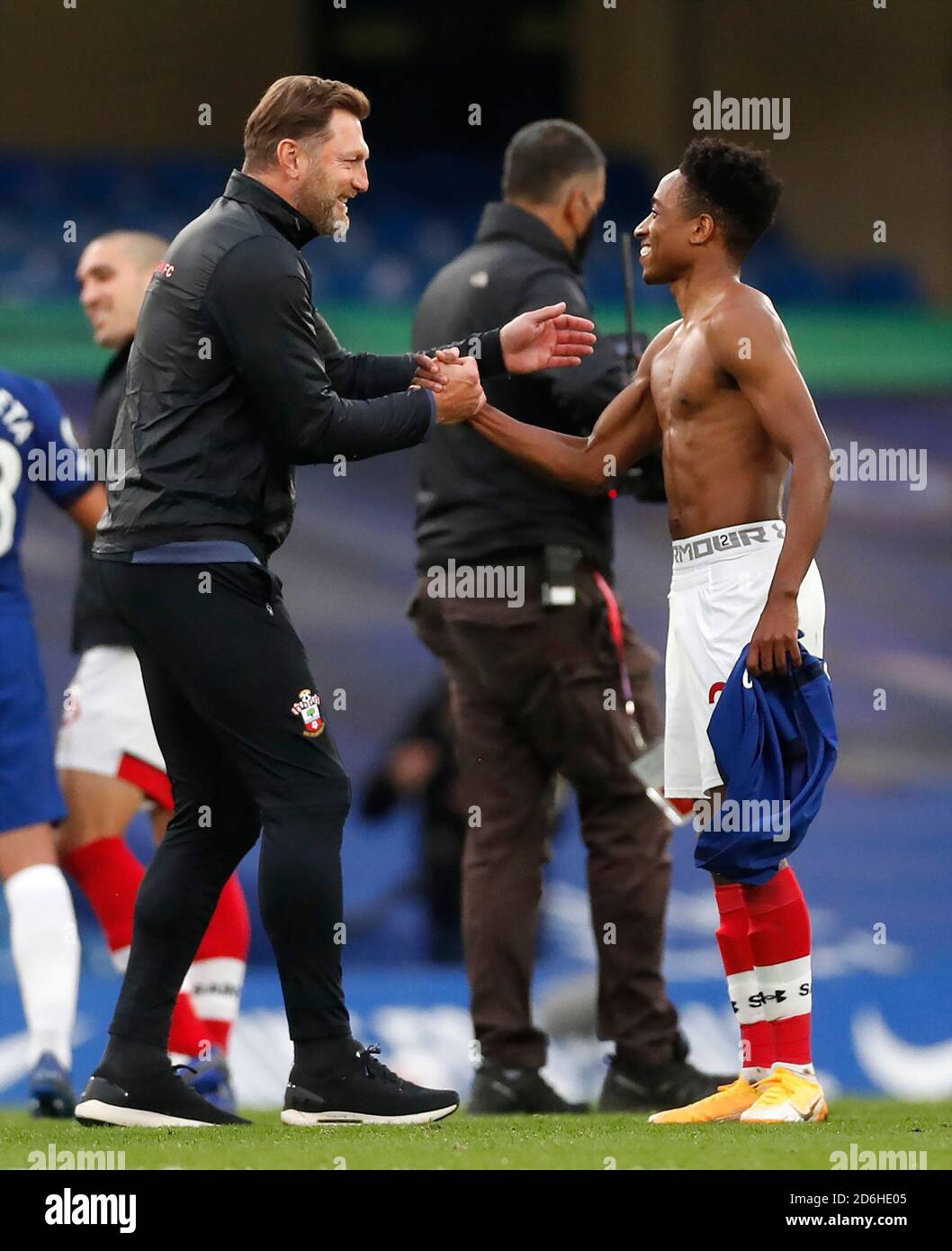 Southampton manager Ralph Hasenhuttl shakes hands with Kyle Walker-Peters after the Premier League match at Stamford Bridge, London. Stock Photo