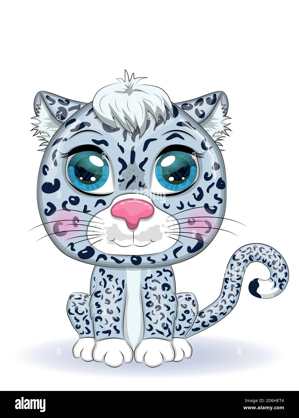 Cartoon snow leopard with expressive eyes. Wild animals, character, childish cute style. Stock Vector