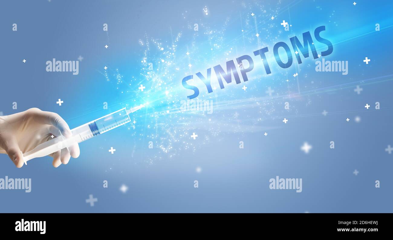 Encouraging Injection Signs Syringe, medical injection in hand with SYMPTOMS inscription, medical ...