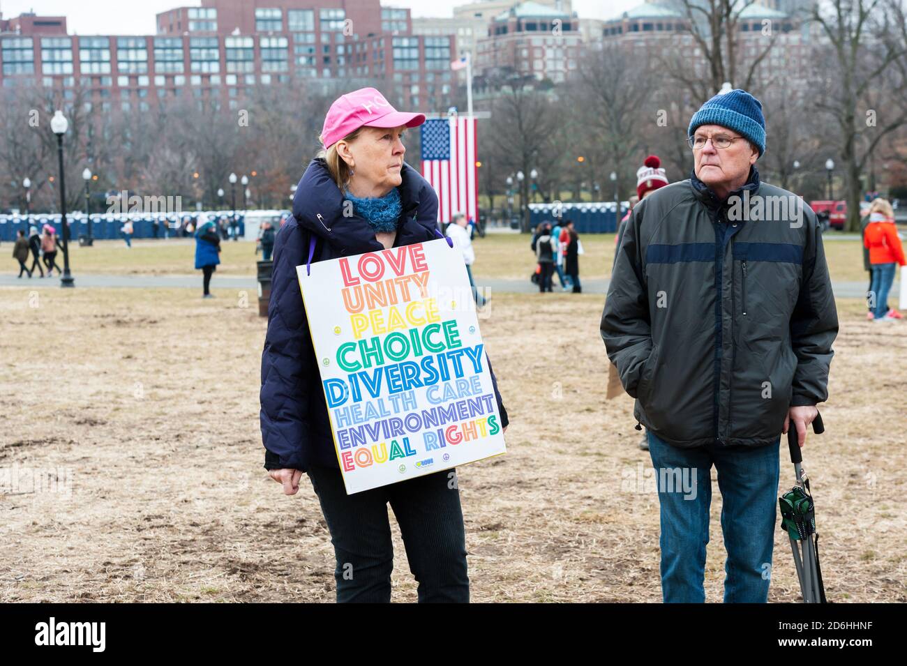 Two protesters at Boston Women’s March. Boston, Massachusetts. 21st January, 2017. Stock Photo