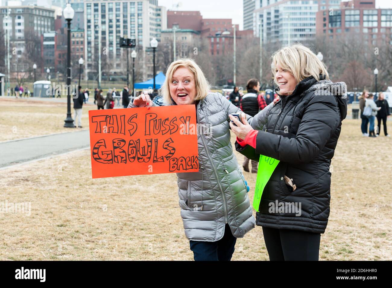 Two women at the Boston Women's March. Stock Photo