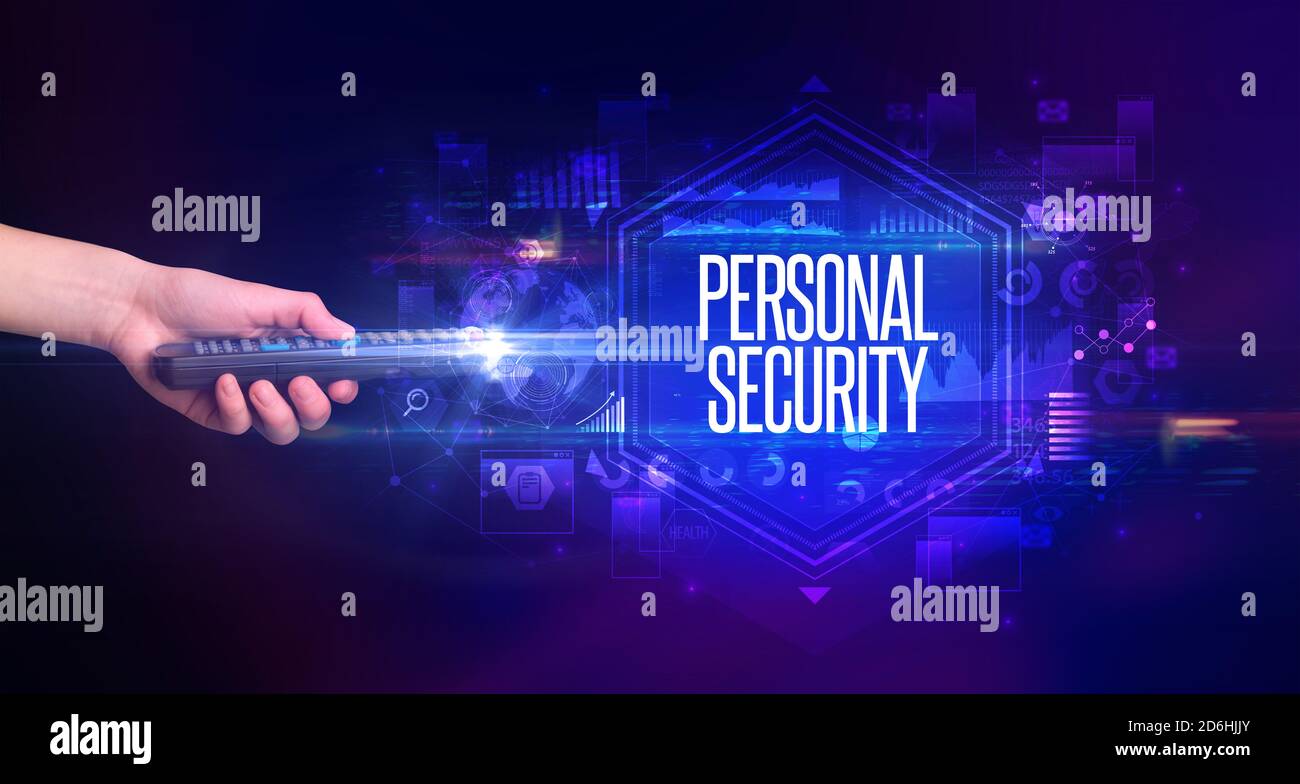 hand holding wireless peripheral with PERSONAL SECURITY inscription ...